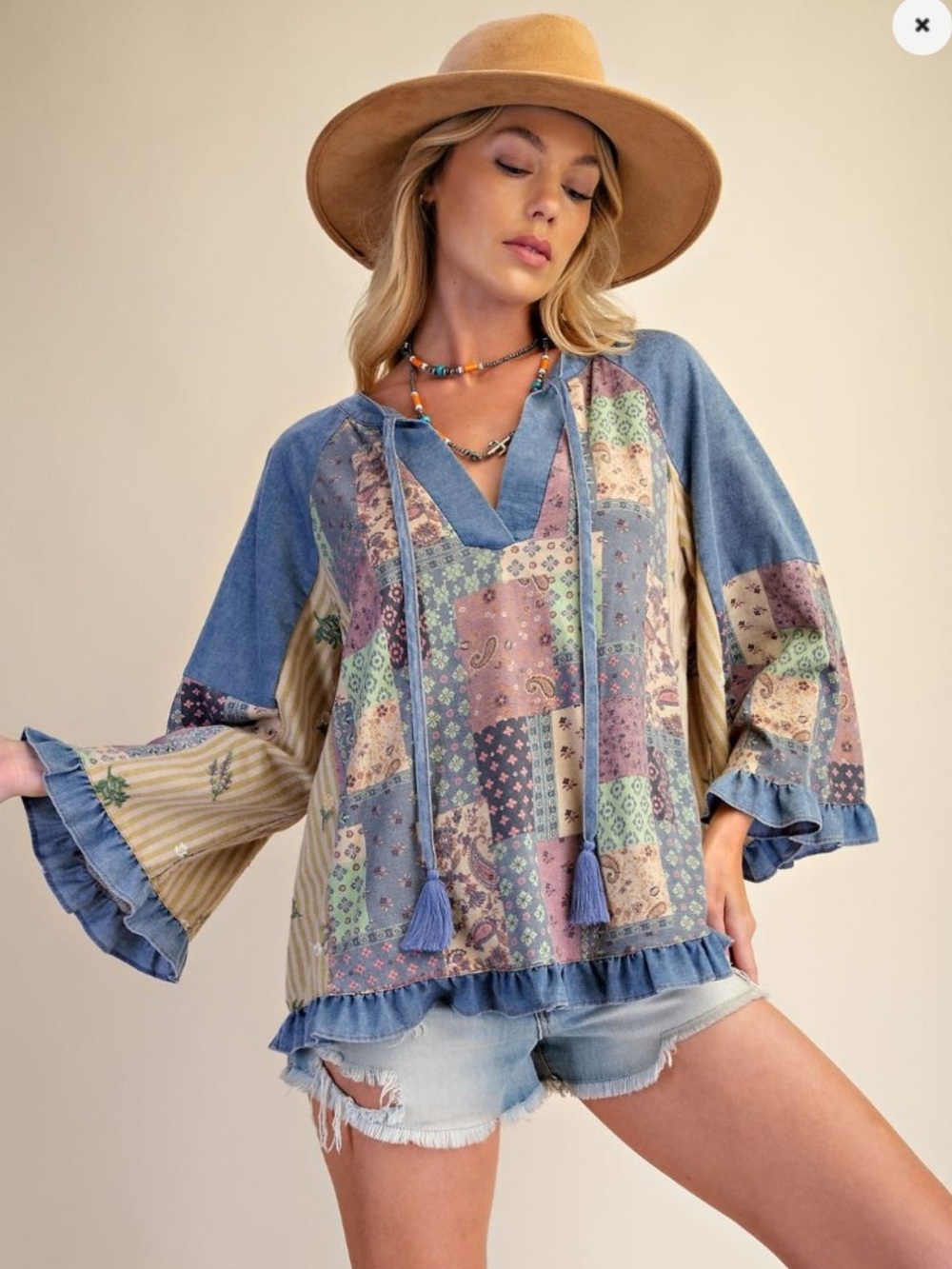 Easel Patchwork Ruffle-Sleeve Top - Picture 2 of 4